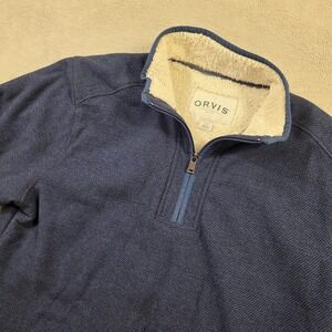 Orvis Mens Quarter Zip Sherpa Lined Fleece Pullover Navy Blue Large 377